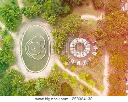 Aerial View Of Circular Childrens Playground And Pond In Park In Barra Da Tijuca, Rio De Janeiro. Dr