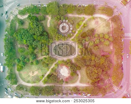 Aerial View Of Whole Urban Park In Barra Da Tijuca, Rio De Janeiro. Drone Pov Shows Geometric Shapes