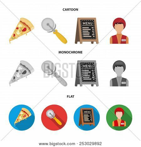 A Pizza Cutter, A Slice, A Menu In A Pizzeria, A Courier. Pizza And Pizzeria Set Collection Icons In