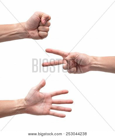 Male Hands Playing Rock Paper Scissors, All Of Sign Of Rock Paper Scissors On Isolated White Backgro