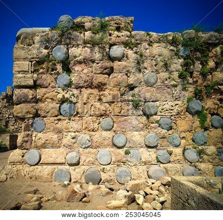 Close-up View To Wall Of The Sidon Sea Castle In Lebanon