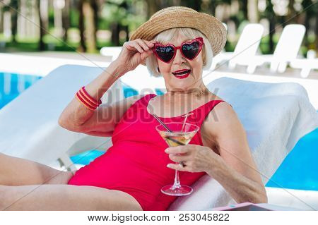 Funny Cute Grandmother Drinking Refreshing Summer Cocktail