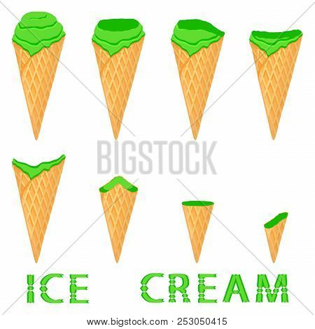 Vector Illustration For Natural Pistachio Ice Cream On Waffle Cone. Ice Cream Pattern Consisting Of 