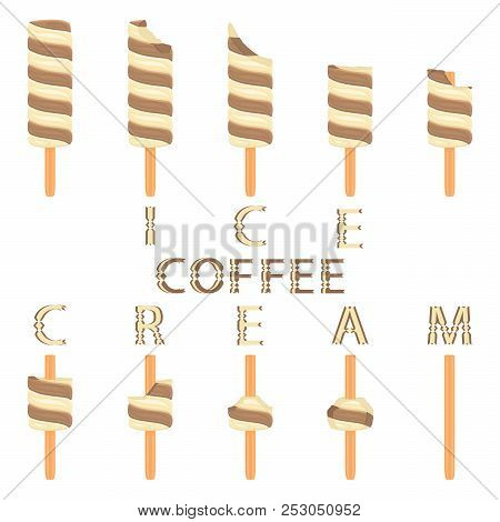 Vector Illustration Logo For Natural Coffee Ice Cream On Stick. Ice Cream Pattern Consisting Of Swee