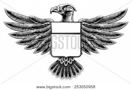 Vintage Woodcut Or Woodblock Style Wing Shield Eagle Insignia Motif