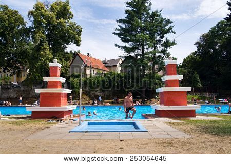 Mseno, Czech Republic - July 22 2018: People Swimming In Art Deco Mestske Lazne - City Baths On July