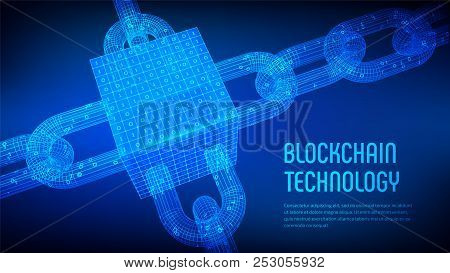 Block Chain. Crypto Currency. Blockchain Concept. 3d Wireframe Chain And Isometric Digital Block Wit