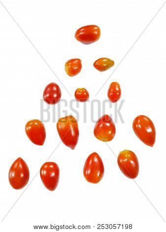 Top View Of Cherry Tomatoes Isolated On White Background (solanum Lycopersicum Var. Cerasiforme)