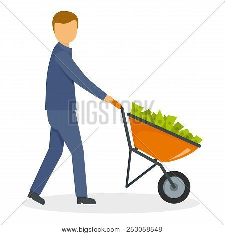 Businessman Wheelbarrow Money Icon. Flat Illustration Of Businessman Wheelbarrow Money Icon For Web 