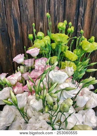Beautiful, Delicate Eustoma Flowers On A Brown Wooden Background