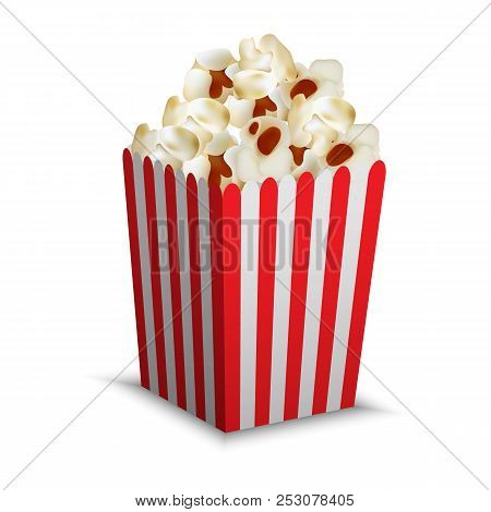 Stripped Popcorn Box Mockup. Realistic Illustration Of Stripped Popcorn Box Mockup For Web Design Is