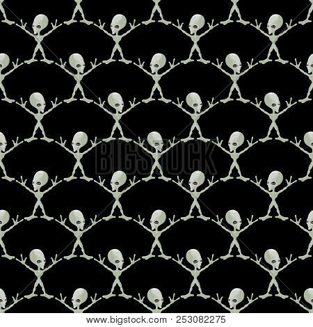 Seamless Pattern With Green Aliens On A Black Background.