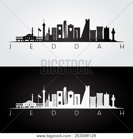 Jeddah Skyline And Landmarks Silhouette, Black And White Design, Vector Illustration.