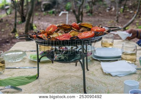 Saj Kebap With Mushrooms Chicken. Outdoor Picnic Table.