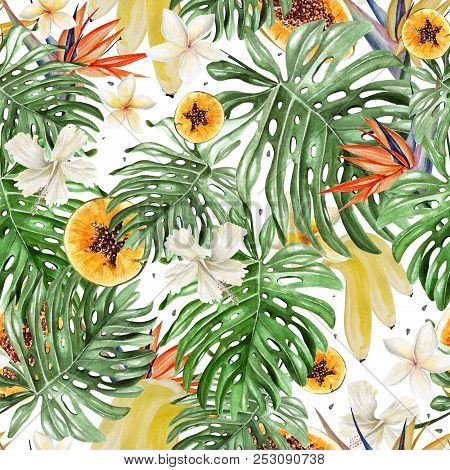 Beautiful Watercolor Tropical Pattern With Flowers Of Hibiscus And Strelitzia. Tropical Fruits Papay