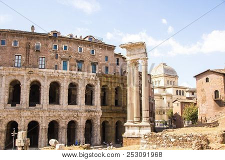 Rome, Italy - September 12, 2017: Exterior View Of Ancient Roman Marcellus Theater Building. Theatre