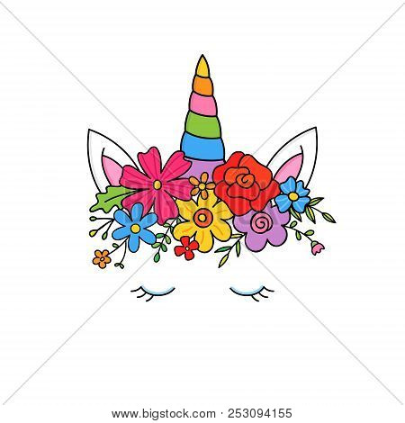Sweet Colorful Unicorn Vector Hand Drawn Illustration With Flower Crown, Magical Rainbow Horn, Ears,
