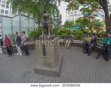 Tokyo, Japan - April 27, 2016: Japanese People Sitting Around Benches At Hachiko Statue