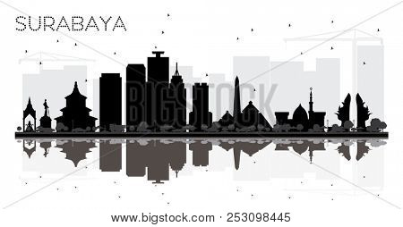 Surabaya Indonesia City skyline black and white silhouette with Reflections. Simple flat concept for tourism presentation, banner, placard or web site. Surabaya Cityscape with landmarks.