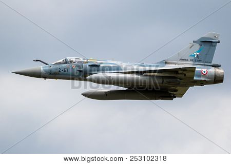 Florennes, Belgium - Jun 15, 2017: French Air Force Dassault Mirage 2000 Fighter Jet Flyby Over Flor