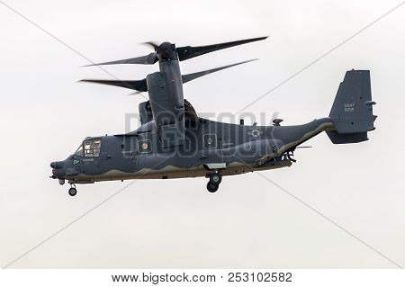 Fairford, Uk - Jul 13, 2018: Us Air Force Cv-22b Osprey Aircraft Of The 7th Sos In Flight Over Raf F