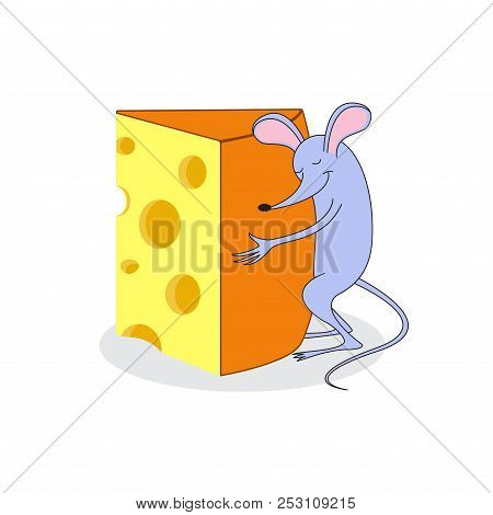 Mouse With Cheese In An Embrace. Vector Illustration.