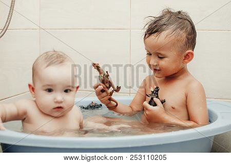 Children, Brother And Sister In The Bathroom