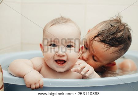 Children, Brother And Sister In The Bathroom