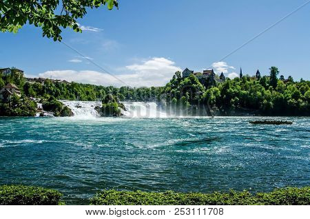 The Rhine Waterfall In The Lower Reaches And The Laufen Castle. Panorama.