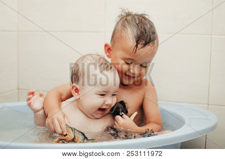 Children, Brother And Sister In The Bathroom