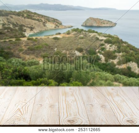 Wood Table Outside With Seaview In Beautiful Summer Day