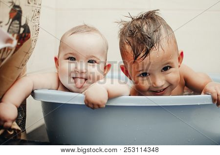 Children, Brother And Sister In The Bathroom