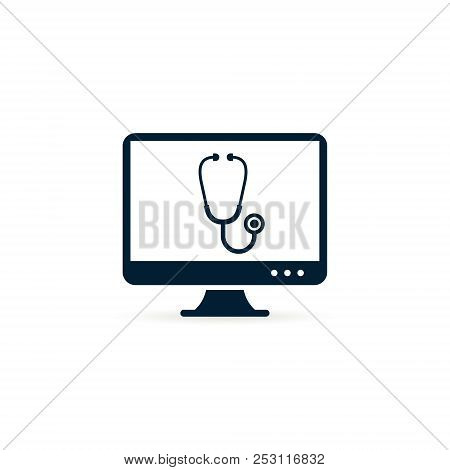 Computer With Stethoscope Icon, Online Docor Concept Illustration Isolated On White Background.