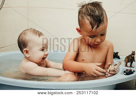 Children, Brother And Sister In The Bathroom