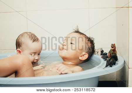 Children, Brother And Sister In The Bathroom