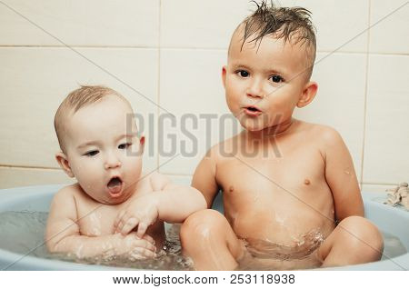 Children, Brother And Sister In The Bathroom