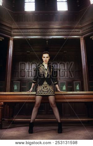 Sexy Woman In Old Fashion Castle In Dark Dress