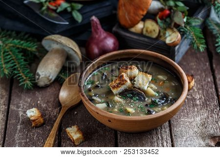Mushroom Soup In Ceramic Bowl With A Copper Pan And Mushroom In Background, Dark Photo.
