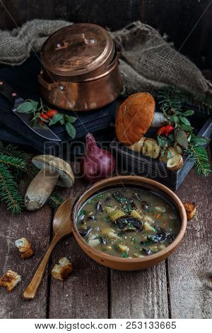 Mushroom Soup In Ceramic Bowl With A Copper Pan And Mushroom In Background, Dark Photo.