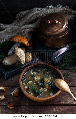 Mushroom Soup In Ceramic Bowl With A Copper Pan And Mushroom In Background, Dark Photo.
