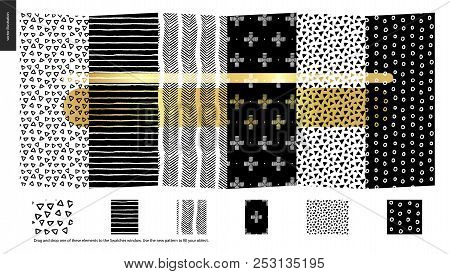 Hand Drawn Patterns - A Group Set Of Six Abstract Seamless Patterns - Black, Gold And White. Verticl