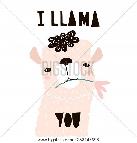 Cute Cartoon Llama With In Flower. Childish Alpaka Print For Nursery, Kids Apparel,poster, Postcard.