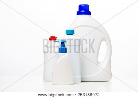 Photo of bottle of liquid cleaners on clean white background,
