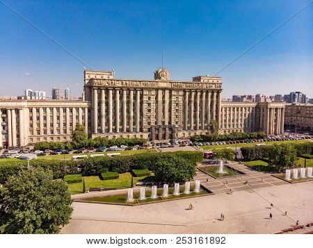 Saint Petersburg, Russia. Beautiful Panorama View From Drone, To The House Of Soviets In Summer Sunn
