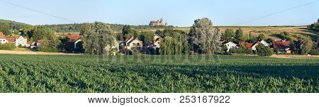 Panoramic View Of The Village Oberrohrbach. View Of The Kreuzenstein Castle On A Hill. Lower Austria