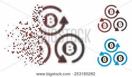 Vector Bitcoin Mixer Rotation Icon In Dispersed, Pixelated Halftone And Undamaged Solid Versions. Di