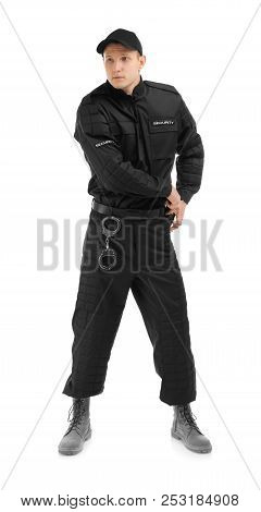 Male Security Guard With Police Baton On White Background