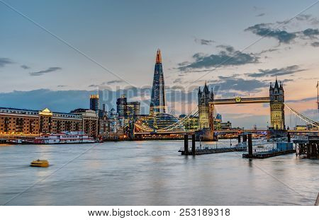 The Skyline Of London With The Tower Bridge And The Shard After Sunset