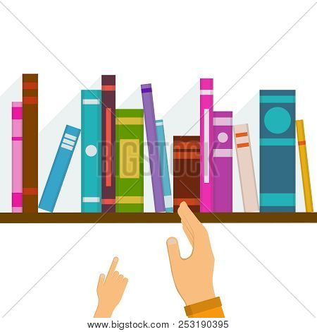 Wooden Bookshelf With Colorful Books And With Colored Covers. The Hand Of The Child Pointing To The 