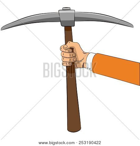 Pickaxe In Hand. Hand Drawn. Vector Illustration, Isolated On White Background.